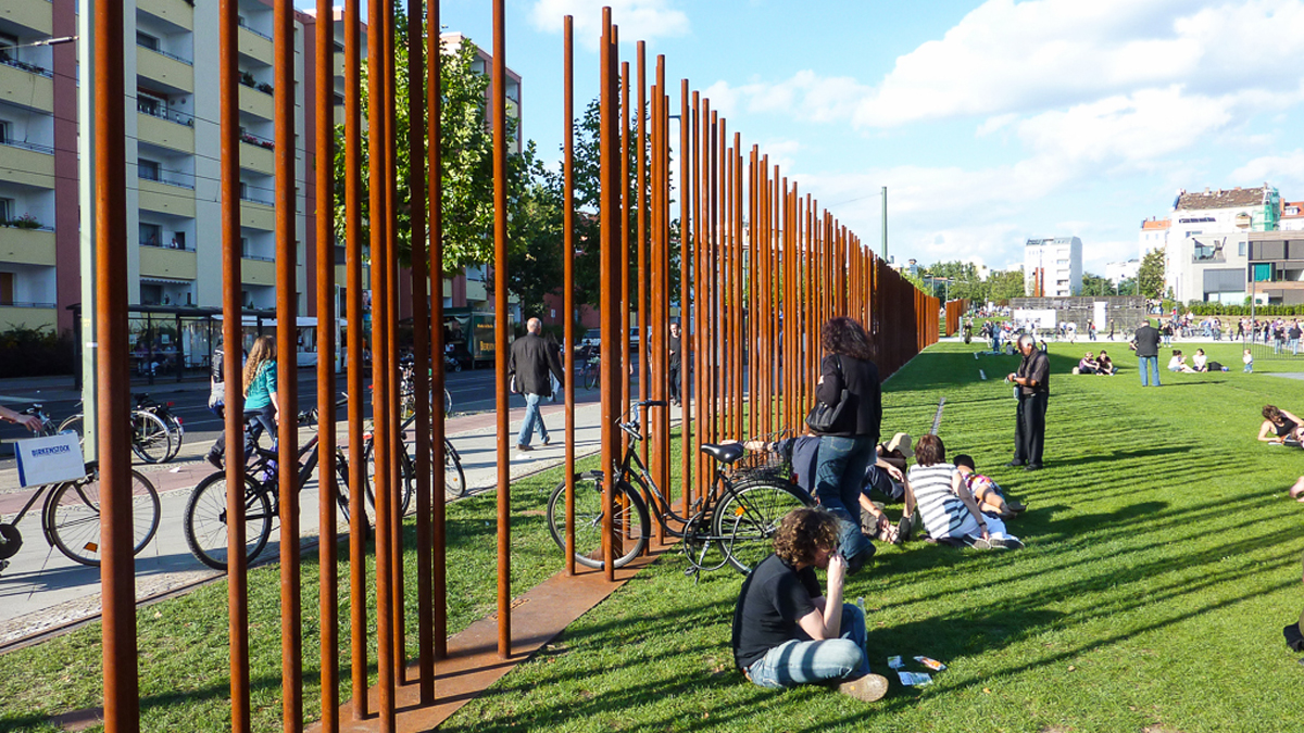 What was once the border area “death strip” along Bernauerstrasse is now a park and place for people to learn about the Berlin Wall.